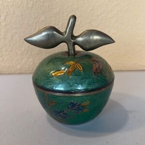 Vintage Brass and Enamel Apple Bowl with Lid 6.5"H